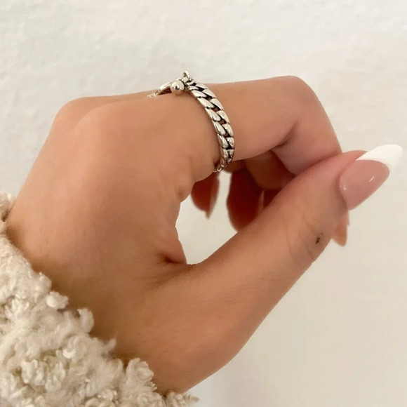 925 Sterling Silver Curb Chain Link Ring Dangle Ring Fish Ring Dainty Ring Band - Picture 7 of 9